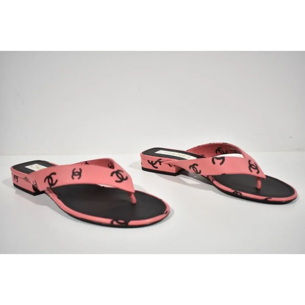 Chanel 22S Pink Black Printed Lambskin CC Logo Thong Flat Flip Flop Sandal 37 - Picture 4 of 12